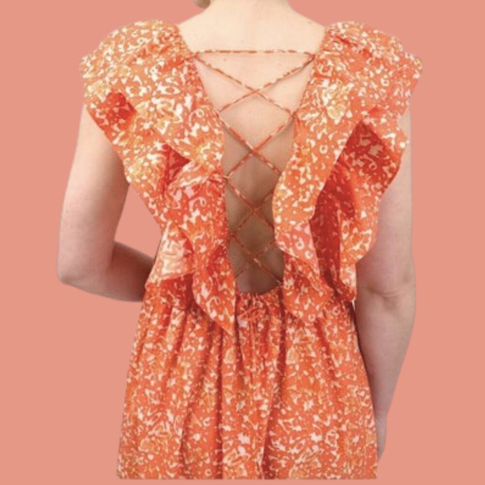 ULLA JOHNSON‎ Freida Printed Cotton Midi Dress Coral Batik Red Orange White US 4 - Picture 2 of 12
